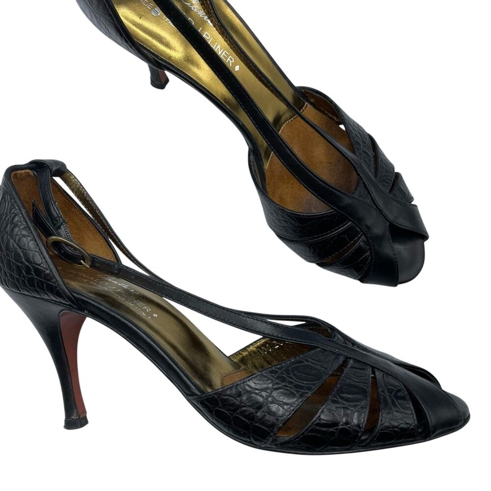 Donald J Pliner Black Leather Croc Embossed Womens Heels 7.5 Dressy Shoes Formal
